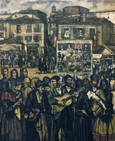 GUTIERREZ SOLANA, José (1886-1945). El cartel del crimen (El musico ciego) - o cartel do crime (o músico cego). ca. 1920. (78 x 64 cm). Óleo sobre tela. Coleção particular de Jose Gutierrez Solana