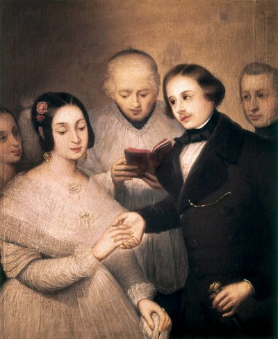 O casamento romântico. Pintura de José Gutierrez De La Vega (1791-1865). Madrid. Museu Romântico. de José Gutiérrez de la Vega