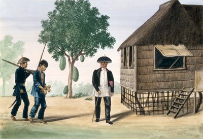 Um prisioneiro liderado por um policial e um conselheiro, em "O álbum de vistas da Flebus em Manila e arredores", c.1845 de Jose Honorato Lozano