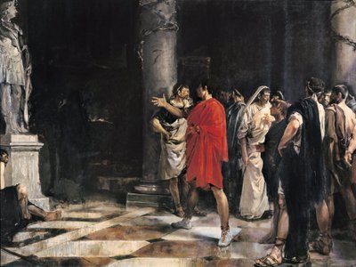 Júlio César (Caius Iulius Caesar) (101-44 aC) em frente à estátua de Alexandre, o Grande, no templo de Hércules de Cádiz (Gadir) (óleo sobre tela) de Jose Morillo Ferrada