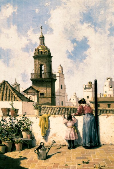 Terraço de telhado em Cádiz. Uma mãe e uma filha provavelmente regando as plantas com o regador no meio do terraço. Pintura de José PEREZ SIGUIMBOSCUM (século XIX), final do século XIX Óleo sobre tela. Cádis, Museo Provincial de Cádis. de Jose Perez Siguimboscum