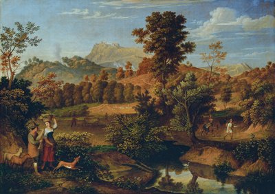 Paisagem italiana com um camponês arando (O Serpentara perto de Olevano, Paisagem perto de Paliano) de Josef Anton Koch