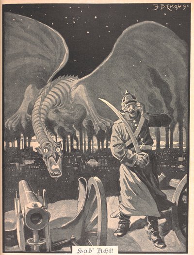 Desenho para o poema "Like Night". Um dragão sendo produzido pela fumaça das fábricas, atrás de um soldado alemão. Uma cena surreal. de Josef Benedikt engl