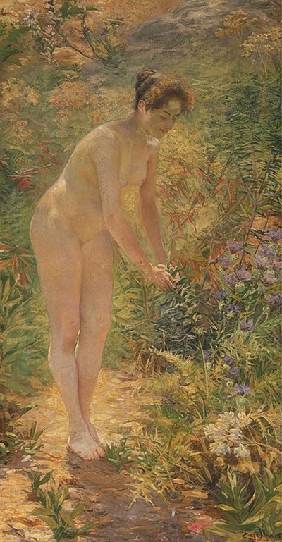 Nu feminino em pé no jardim. Por volta de 1900 de Josef Engelhart