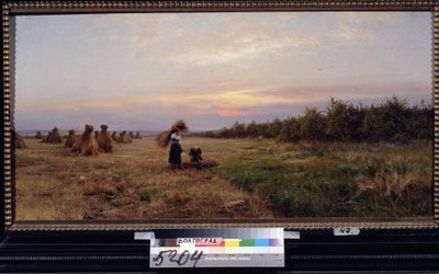 Colha à luz da tarde. (Colheita à luz do entardecer). Duas mulheres trabalhando em um campo cheio de palheiros. Pintura de Iosiph Evstafievich Krachkovsky (1854-1914), óleo sobre tela de Josef Evstafievich Krachkovsky