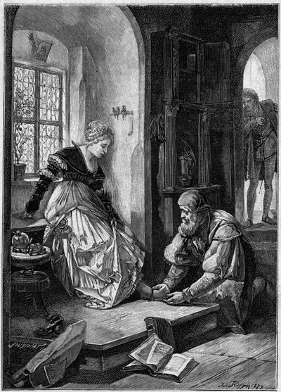 Eva na oficina de Hans Sachs (Acto III da ópera "Die Meistersinger von Nurnberg", em francês "Os Mestres Cantores de Nuremberga" de Richard Wagner, escrito em 1868) com base na pintura de Joseph Fluggen. Gravura em "O Mundo Ilustrado". de Josef Fluggen