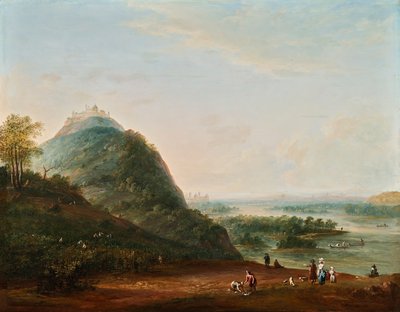 Colheita em frente a Viena com vista para Klosterneuburg, Leopoldsberg, Bisamberg e Korneuburg de Josef Heideloff