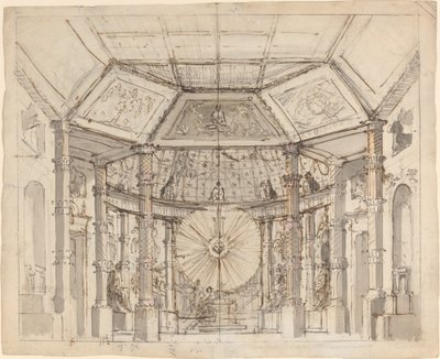 Design de palco para um interior de templo abobadado com um disco solar acima do altar de Josef Ignáz Platzer