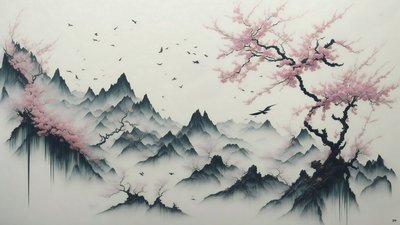 pintura a tinta: Cerejeiras em flor_01 de Josef Johann Michel