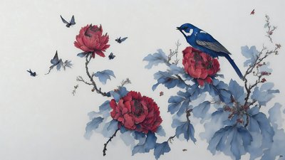 pintura a tinta: PEONY em azul_01 de Josef Johann Michel
