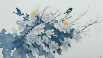pintura a tinta: flor de crisântemo em azul_02 de Josef Johann Michel