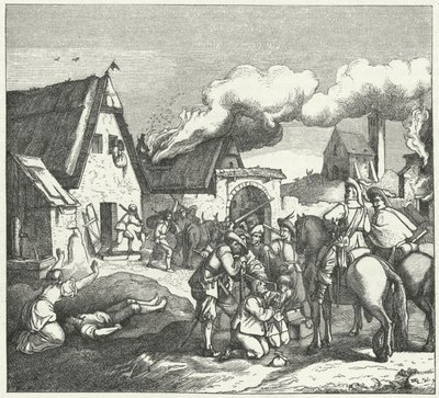 Tropas imperiais saqueando e saqueando após a Batalha de Nordlingen, 1634 de Josef Mathias Trenkwald