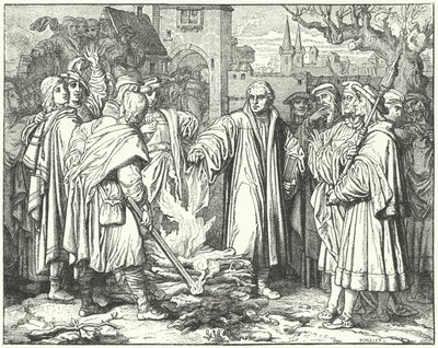 Martinho Lutero queimando a bula papal em Wittenberg, 1520 de Josef Mathias Trenkwald