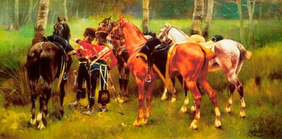 ""Grupo de hussardos e cavalos na floresta"" Pintura de Josep Cusachs i Cusachs (1851-1908). 1905. de Josep Cusachs y Cusachs