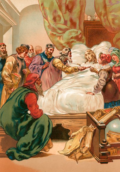 Copérnico doente, recebendo a primeira cópia de seu livro sobre as revoluções das esferas celestes de Josep or Jose Planella Coromina
