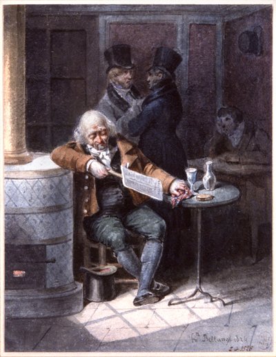 Velho a ler jornal num café, Paris de Joseph Louis Hippolyte Bellange
