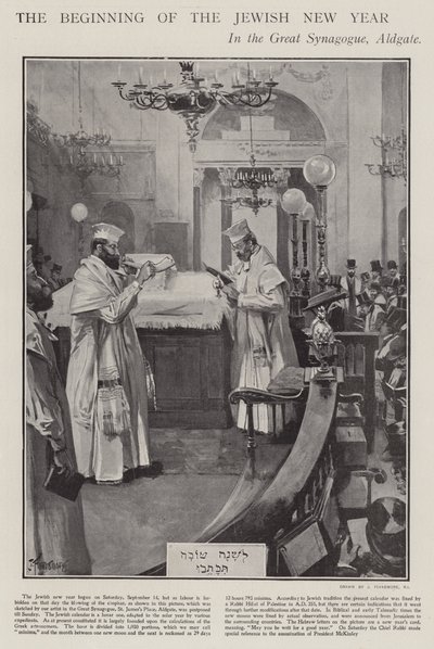 Celebrando o início do Ano Novo Judaico na Grande Sinagoga, Aldgate, Londres (litho) de Joseph (after) Finnemore
