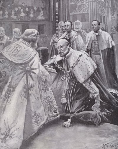 Rei Eduardo VII fazendo o juramento na sua coroação, Abadia de Westminster, Londres de Joseph (after) Finnemore