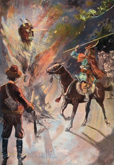 Robinson Crusoe: Destruição do ídolo tártaro (cor litho) de Joseph (after) Finnemore