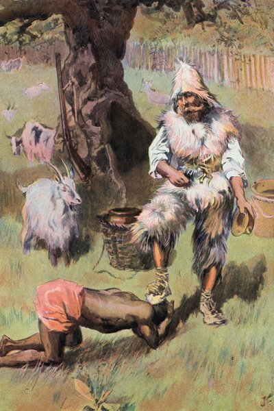 Robinson Crusoe: Ele coloca o meu pé na cabeça (cor litho) de Joseph (after) Finnemore