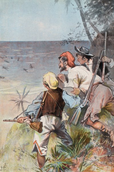 Robinson Crusoe: Invadido por selvagens (cor litho) de Joseph (after) Finnemore