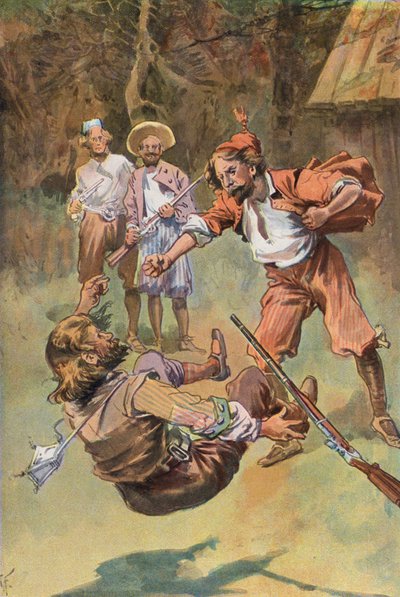 Robinson Crusoé: O espanhol, com um soco de punho, derrubou-o (lito colorido) de Joseph (after) Finnemore