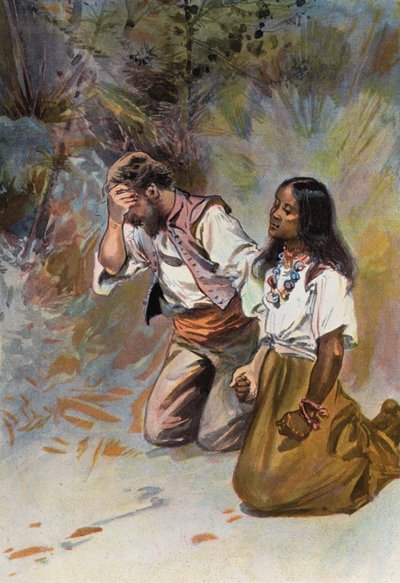 Robinson Crusoe: Ambos se ajoelharam juntos (cor litho) de Joseph (after) Finnemore