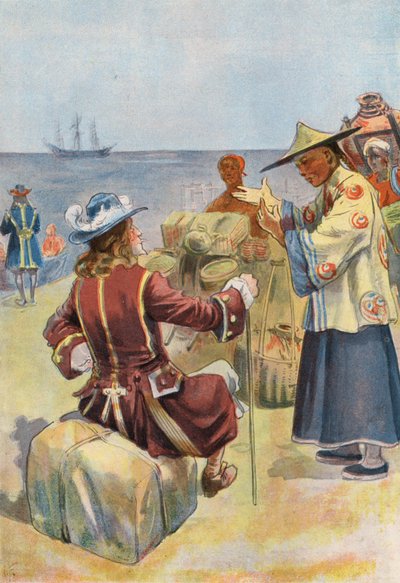 Robinson Crusoe: Negociando com comerciantes chineses (lito colorido) de Joseph (after) Finnemore
