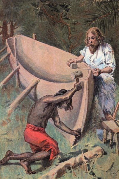 Robinson Crusoe: Fazemos um grande barco (lito a cores) de Joseph (after) Finnemore