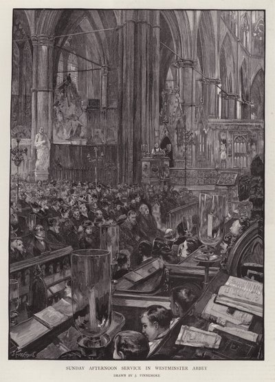 Culto de domingo à tarde na Abadia de Westminster, Londres (litho) de Joseph (after) Finnemore