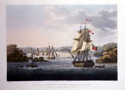 O Porto de Port Cornwallis. Ilha do Grande Andaman, com a Frota que Pesa por Rangum, gravada por G. Hunt, pub. por Kingsbury & Co., Londres de Joseph (after) Moore