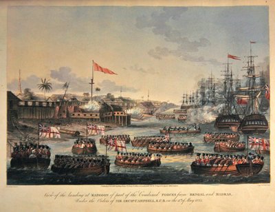 Vista do desembarque em Rangoon de parte das forças combinadas de Bengala e Madras, sob as ordens de Sir Archibald Campbell, em 11 de Maio de 1825, gravada por Henry Pyall (1795-1833) 1825 (aquatint colorido à mão) de Joseph (after) Moore