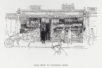 Loja de peixe em Charing Cross (litho) de Joseph (after) Pennell