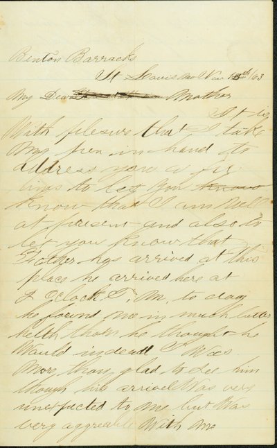 Carta assinada por Joseph A. Fardell, Benton Barracks, St. Louis, Mo., à Mãe, 12 de Novembro de 1863 de Joseph A. Fardell