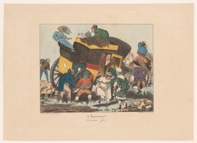 Omnibus com passageiros presos na lama Dévouement force (título no objeto) Desconforto (título da série) Inconveniente (título da série no objeto) de Joseph Ambroise Jobard