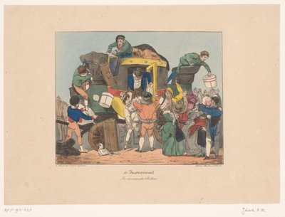 Passageiros desembarcam de ônibus após viagem de volta Les douceurs du retour (título no objeto) Desconforto (título da série) Inconveniente (título da série no objeto) de Joseph Ambroise Jobard