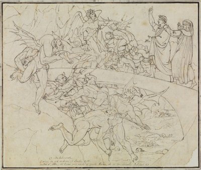 No lago de pez dos traficantes, o conselheiro de Lucca (Inferno de Dante, Canto 21, verso 34) de Joseph Anton Koch