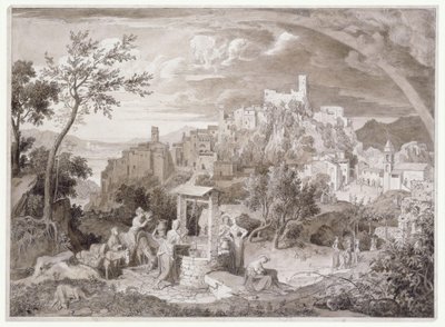 Vista da cidade de Olevano, província de Roma, Itália, com o arco-íris de Joseph Anton Koch