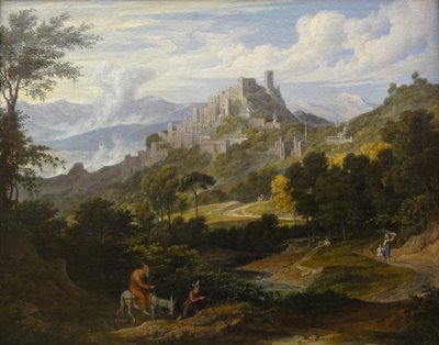 Paisagem perto de Olevano com monge a cavalo de Joseph Anton Koch