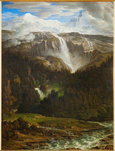 Cascata de Schmadribach no vale de Lauterbrunn, Berner Oberland, Suíça ... (óleo sobre tela) de Joseph Anton Koch