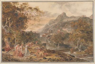 Vista de Vietri com Jovens Mulheres do Campo Dançando para Pastores em Primeiro Plano, 1800. de Joseph Anton Koch