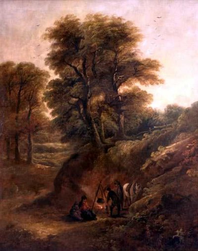 Paisagem arborizada com ciganos em volta de um incêndio (óleo sobre tela) de Joseph Barker