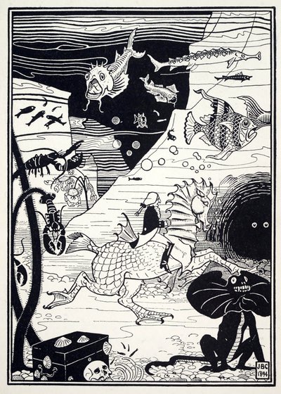 Havia uma grande variedade de árvores altas e nobres, carregadas de frutos marinhos, como lagostas, caranguejos, ostras, de The Surprising Adventures of Baron Munchausen, pub. 1895 (gravura) de Joseph Benwell Clark