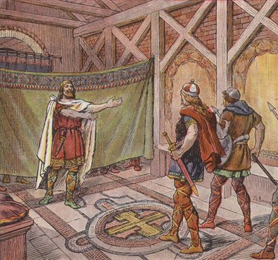 Chlothar I vê os pés dos assassinos ordenados a matá-lo por seu irmão Teodorico (lito colorido) de Joseph Beuzon