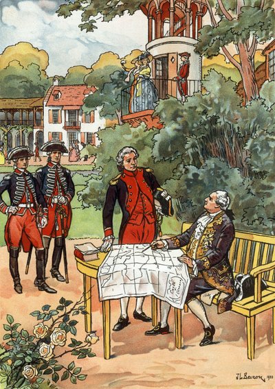 Rei francês Luís XVI e navegador Jean François de Galaup, conde de Laperouse (1741-1788) em 1785, ilustração de JL Beuzon 1933 de Joseph Beuzon