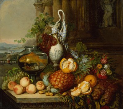 Natureza Morta com Fruta, Arco de Peixe e Paisagem de Joseph Biays Ord