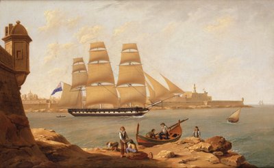 Uma fragata que passa pelo Forte St Elmo ao sair do Grande Porto, Valetta, Malta (óleo sobre tela) de Joseph Cartwright