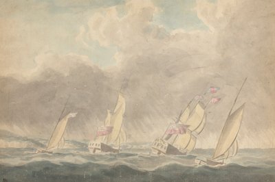 Dois Pistas de Guerra, Um Barco e Uma Escuna (?), Sterns Forward, em Mares Pesados; Vários Navios à Vela em Fundo de Joseph Cartwright