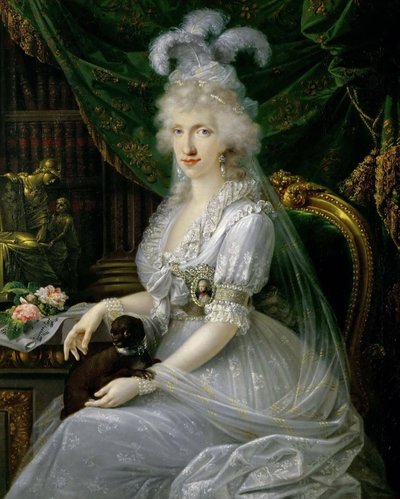 Alemão: Marie Luise (Ludovica) de Nápoles-Sicília (1773-1802), esposa de Fernando III da Toscana, sentada a uma mesa, retrato até ao joelho de Luísa Maria Amélia Teresa de Nápoles e Sicília, princesa de Nápoles e Sicília (1773-1802), grã-duquesa consorte d de Joseph Dorffmeister