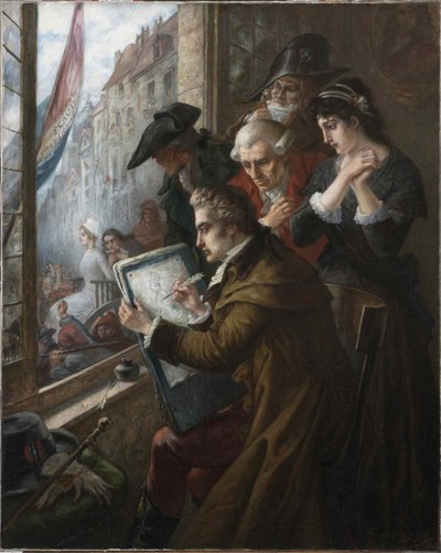 O pintor Jacques-Louis David desenhando Marie-Antoinette levou à sua execução, 1793, 1900. de Joseph Emanuel Van Den Bussche